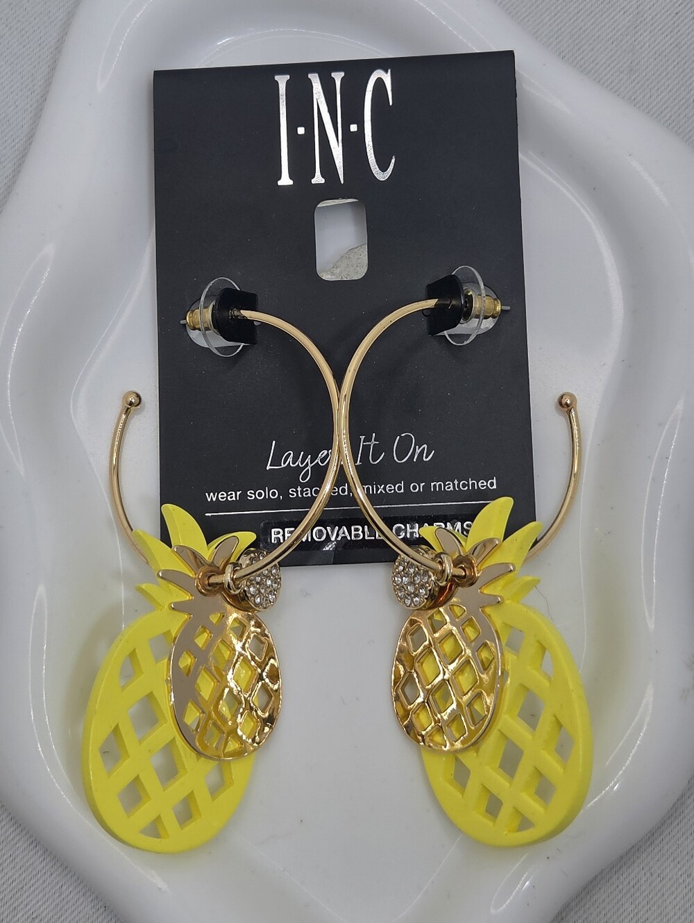 🍍 INC Gold & Yellow Pineapple Hoop Earrings Removable Charms NWT 🍍